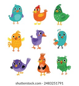 Conjunto de divertidos y alegres pájaros de Vector