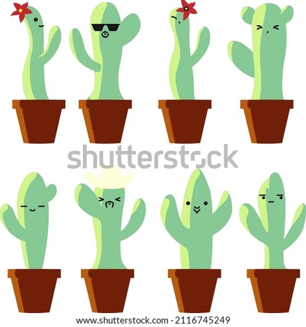 Set of funny cheerfull cactuses in pots
