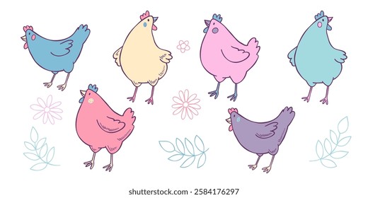 Set of funny chicken in pastel colours. Good for posters, postcards, stickers, banners, scrapbooking.