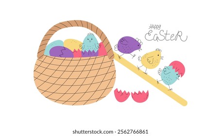 Set of funny chickens, basket with eggs. Cartoon colorful chickens, animals, poultry. Hand drawn linear doodle icons. Easter design, hand lettering. Vector illustration, isolated objects.