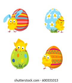 Set of funny chickens and an eggs for Easter decoration, Cartoon vector flat clipart