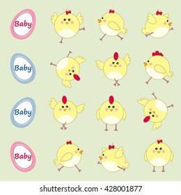 Set of funny chickens and eggs - vector illustration