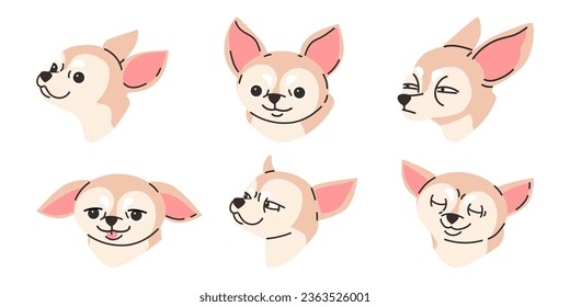 Set of funny chihuahua portraits with different emotions flat style, vector illustration isolated on white background. Decorative design elements collection, thoroughbred little dog, cute animal