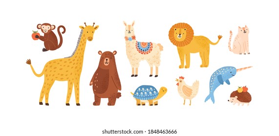 Set of funny childish scandinavian zoo animals isolated on white. Collection of cute domestic, wild, marine and forest animal characters. Vector illustration in flat cartoon style