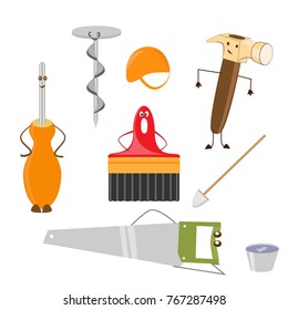 Set of funny children building tools hammer, saw, screwdriver, brush, screws with eyes on white background isolated