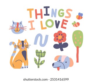 Conjunto de dibujos divertidos para niños. Adorables garabatos de niños con lindas caras de animales, flores y árboles. Garabatos de niños en edad preescolar. Colección de Ilustración vectorial dibujada a mano aislada sobre fondo blanco