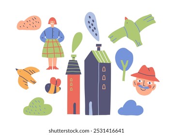 Set of funny children drawings. Cute kids doodles with adorable clouds, characters and houses. Scribbles of preschoolers. Hand drawn vector illustration collection isolated on white background