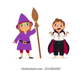 Conjunto de niños divertidos en disfraces de halloween. Ilustración vectorial. Niños felices y lindos del carnaval. Bruja y vampiro. Diseño de personajes. Para pegatinas, diseño de niños, Anuncios de vacaciones