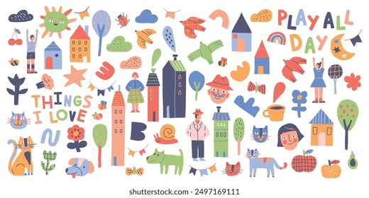 Conjunto de garabatos divertidos de los niños. Lindo niño garabatos con sol, mascota, casa, flor y arco iris. Encantadores Elementos de diseño decorativos. Colección de Ilustración vectorial dibujada a mano aislada sobre fondo blanco