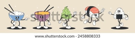 Set of funny children's cartoon characters in retro groovy style, 60s, 70s. Sushi, Noodles, bowl of rice, onigiri, nigiri, roll, wasabi, salmon. Asian Japanese dish, cuisine. Vector illustration EPS10