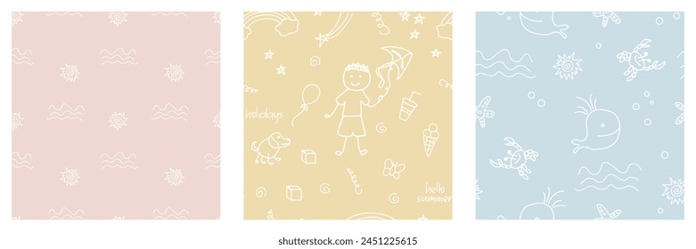 Conjunto de dibujos animados de niños divertidos. Vacaciones de verano, vacaciones de mar. Dibujado a mano ilustración de contorno blanco. Abstractas ballena, cangrejo, helado, cometa, niño