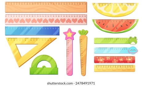 Set of funny children's rulers. Cartoon design, vector illustration on white background