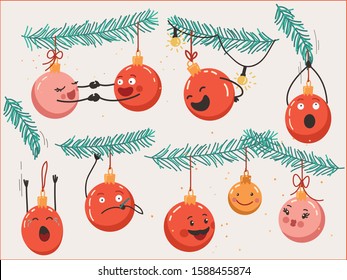 Set of funny christmas ball . Holiday vector doodle illustration.