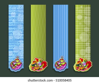 Set of funny Christmas banners. Vector illustration with Christmas tree doodle, rooster, candle gifts. Abstract festive background. EPS file is layered.