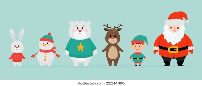 Set of funny Christmas characters. Christmas characters. Collection with Santa Claus, elf and cute animals