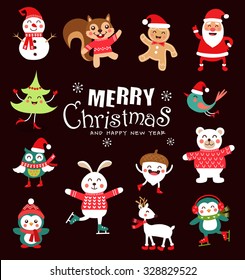 Set Of Funny Christmas Characters. Cute Animals. Vector Illustration.