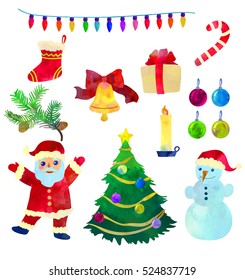 Set with funny Christmas characters and objects. Cartoon style. Vector watercolor