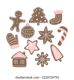 Set of funny Christmas cookies. Holiday childish graphic. Vector hand drawn illustration.