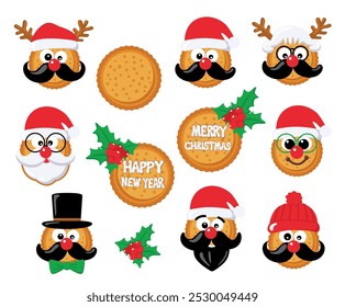 Set of funny Christmas cookies on a white background. Winter homemade sweets in the form of funny faces. Vector illustration in eps 10.Suitable for cards and stickers