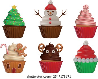 set of funny christmas cupcakes. collection of 3d realistic christmas cupcakes
