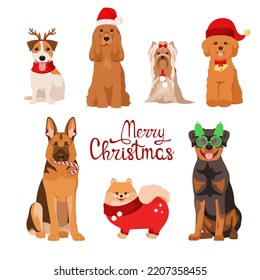 A set of funny Christmas dogs on a white background. Cartoon design.
