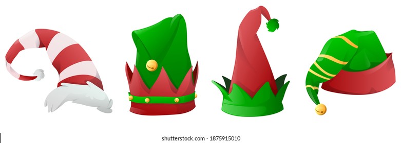 Set of funny Christmas elf hats. Hats for elves, Santa Claus helpers. Christmas holiday hat green and red colours, decoration christmas costume. Vector illustration