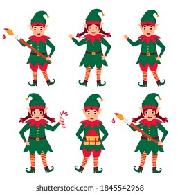 Set of funny Christmas elves. Vector illustration. Cartoon character.