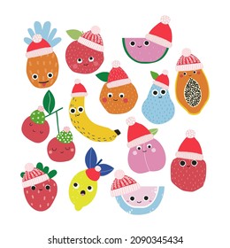 Set of funny Christmas fruits characters. Kids graphic. Vector hand drawn illustration.