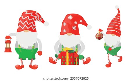 Set of funny Christmas gnomes in cartoon style.Vector illustration of cute gnomes in red hats,striped stockings, boots, holding lanterns, gift, ball toy on Christmas tree isolated on white background.