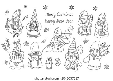 Set of funny Christmas gnomes with  decorations. Doodle hand drawn illustration isolated on white. Black outline. Great for New Year and Xmas design.