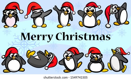 Set of funny Christmas penguins in different poses in cartoon style.