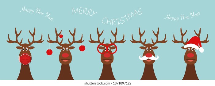 Set of funny Christmas reindeer in red hat, white moustache, round glasses, xmas balls, medical mask for coronavirus pandemic protection. 2021 Happy new year theme for children in flat vector design