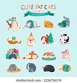 Set of funny christmas stickers. Cute fat cats of different breeds in various poses. Playing, having fun, sleeping in the Christmas decoration. Vector illustration.