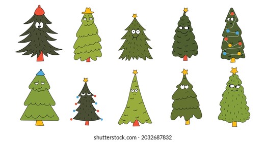 Set of funny Christmas tree characters with cute faces. Various emotions. Cartoon style or Kawaii style. Merry Christmas, New year concept. Hand drawn Vector illustration.