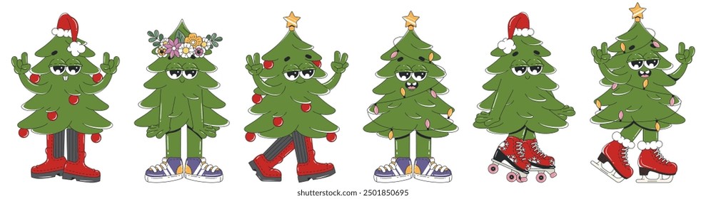 Set of funny Christmas tree characters in trendy groovy style. Cute retro cartoon characters. Merry Christmas and Happy New year concept. 
