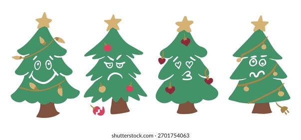 Set of funny Christmas trees with different emotions and festive decorations. Hand drawn vector representing holiday mood, expression and joyful celebration