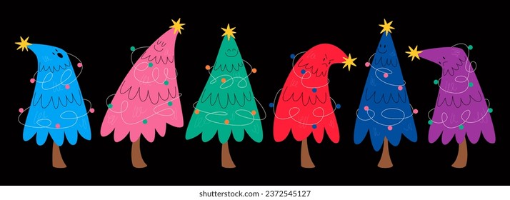 Juego de divertidos árboles de Navidad. Feliz Navidad, concepto de Año Nuevo. Ilustración vectorial colorida
