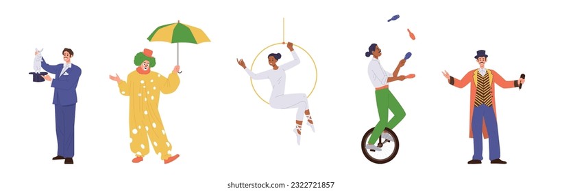 Set of funny circus artists and street performers cartoon people characters vector illustration