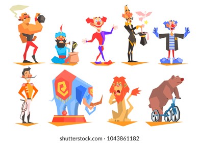 Set of funny circus characters: clown, magician, acrobat, strongman, snake charmer, tamer and trained animals. Colorful flat vector design