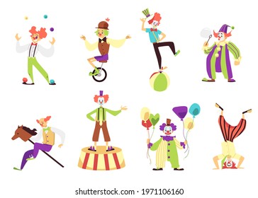 Set of funny circus clowns performing tricks and acrobatics, flat vector illustration isolated on white background. Circus artists in colorful clowns costumes.