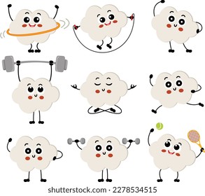 Set of funny cloud mascot making gym
