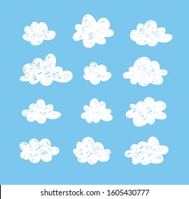 Set of funny clouds in doodle style on blue background. Hand drawn illustration cartoon sky. Creative art work. Actual vector weather drawing