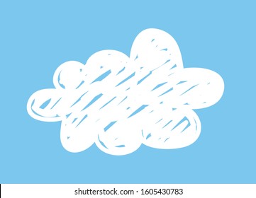 Set of funny clouds in doodle style on blue background. Hand drawn illustration cartoon sky. Creative art work. Actual vector weather drawing