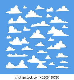 Set of funny clouds in flat style on blue background. Hand drawn illustration cartoon sky. Creative art work. Actual vector weather drawing