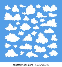 Set of funny clouds in flat style on blue background. Hand drawn illustration cartoon sky. Creative art work. Actual vector weather drawing