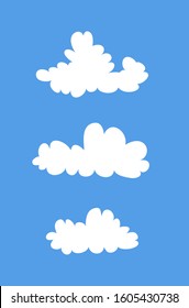 Set of funny clouds in flat style on blue background. Hand drawn illustration cartoon sky. Creative art work. Actual vector weather drawing