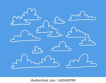 Set of funny clouds in line art style on blue background. Hand drawn illustration cartoon sky. Creative work. Actual vector weather drawing