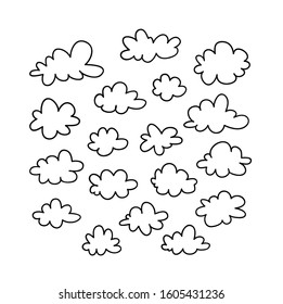 Set of funny clouds in line art style on blue background. Hand drawn illustration cartoon sky. Creative work. Actual vector weather drawing