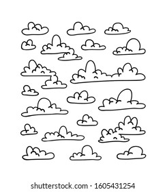 Set of funny clouds in line art style on blue background. Hand drawn illustration cartoon sky. Creative work. Actual vector weather drawing