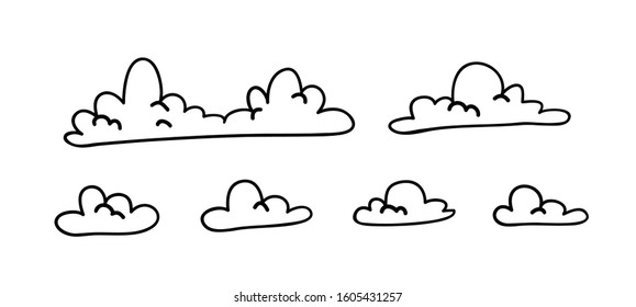 Set of funny clouds in line art style on blue background. Hand drawn illustration cartoon sky. Creative work. Actual vector weather drawing